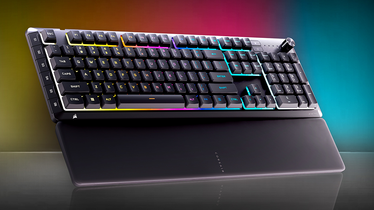Corsair SKIFF 100 PLUS full-size keyboard with RGB lighting and wrist rest
